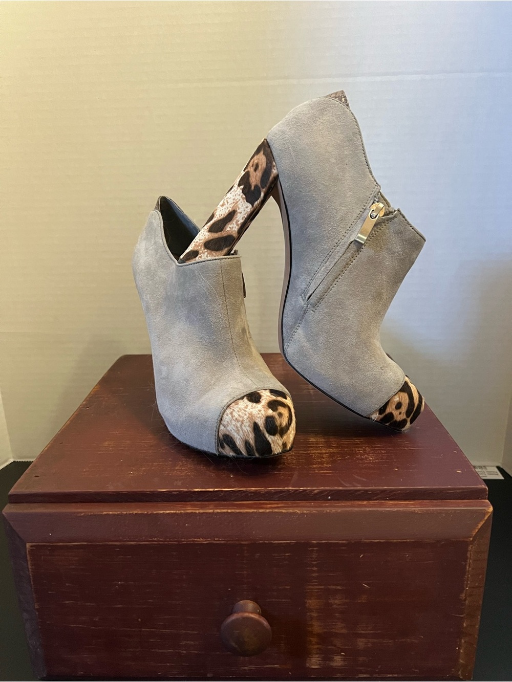 Sam Edelman Gray Suede Ankle Booties with Leopard Accents